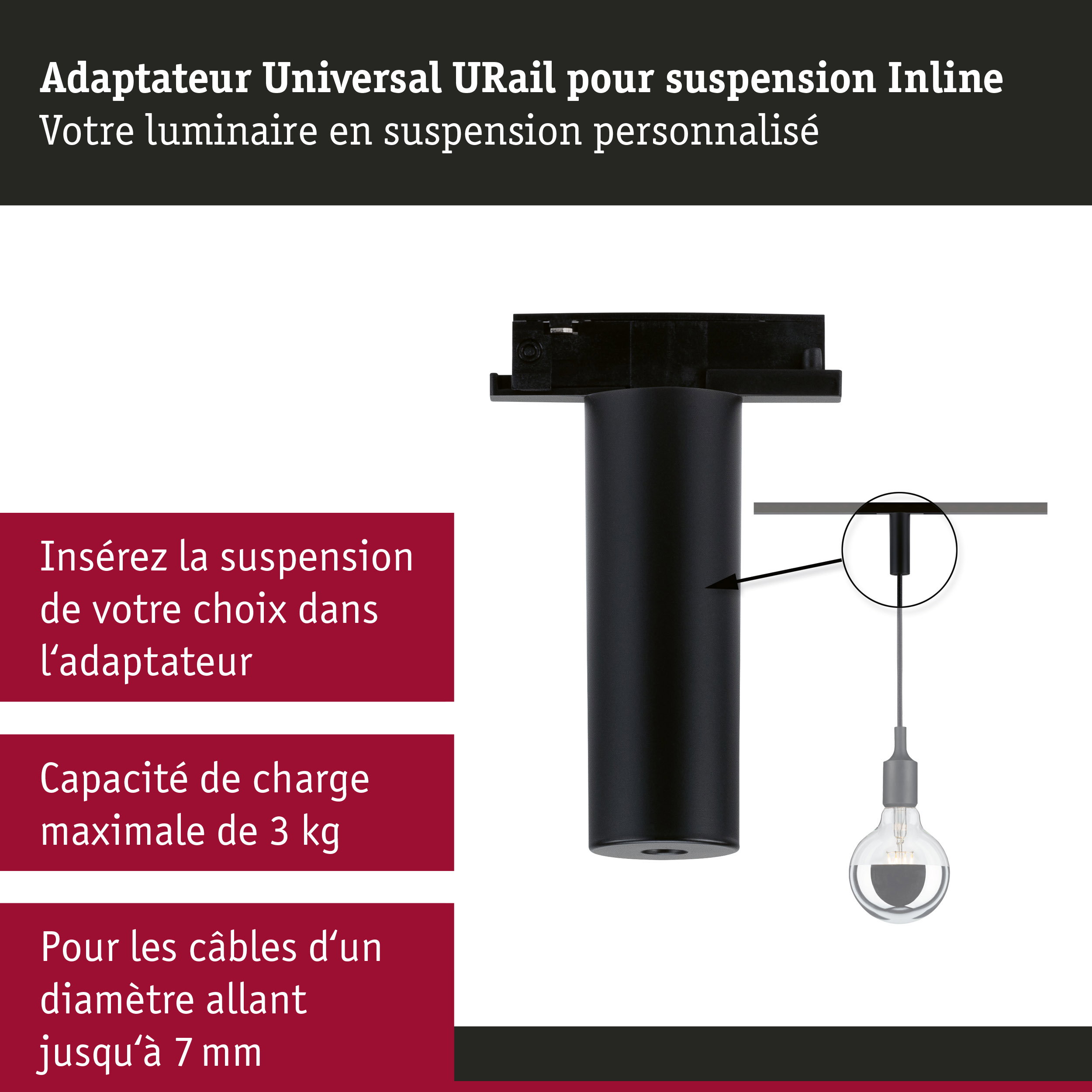 URail Adaptateur de suspension Universal max. 50W 230V Noir mat