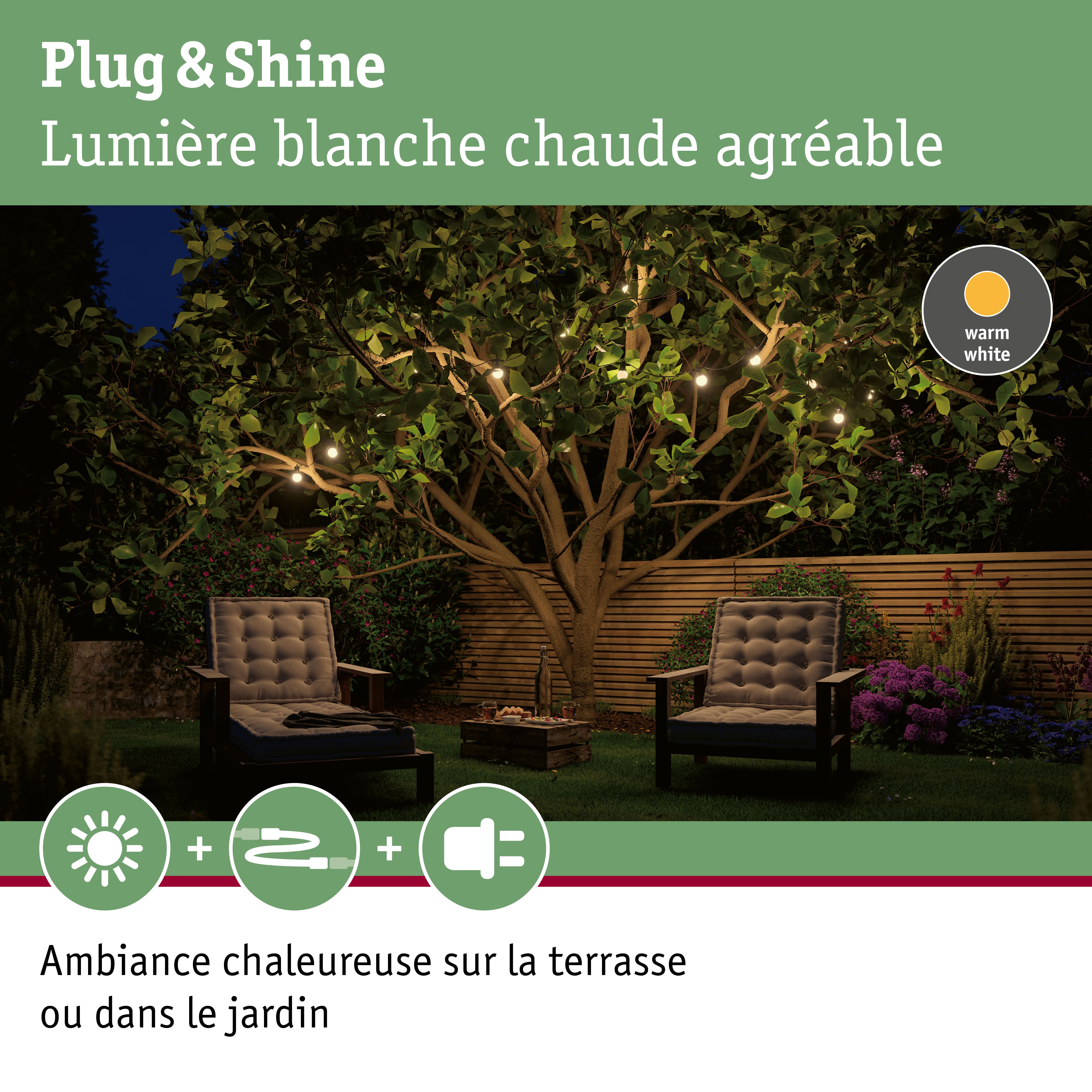 Guirlande LED Plug & Shine blanc chaud dans jardin avec fauteuils confortables et plantes