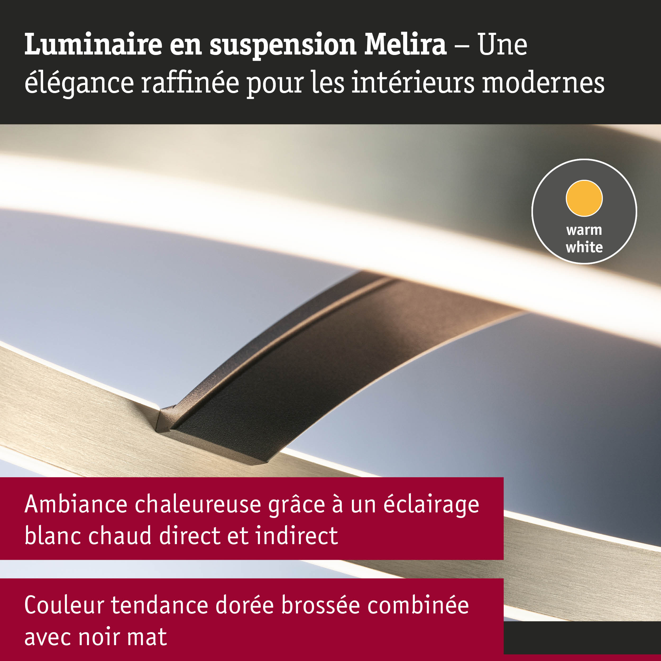 Luminaire suspendu Melira en doré brossé et noir mat avec éclairage blanc chaud pour intérieur moderne