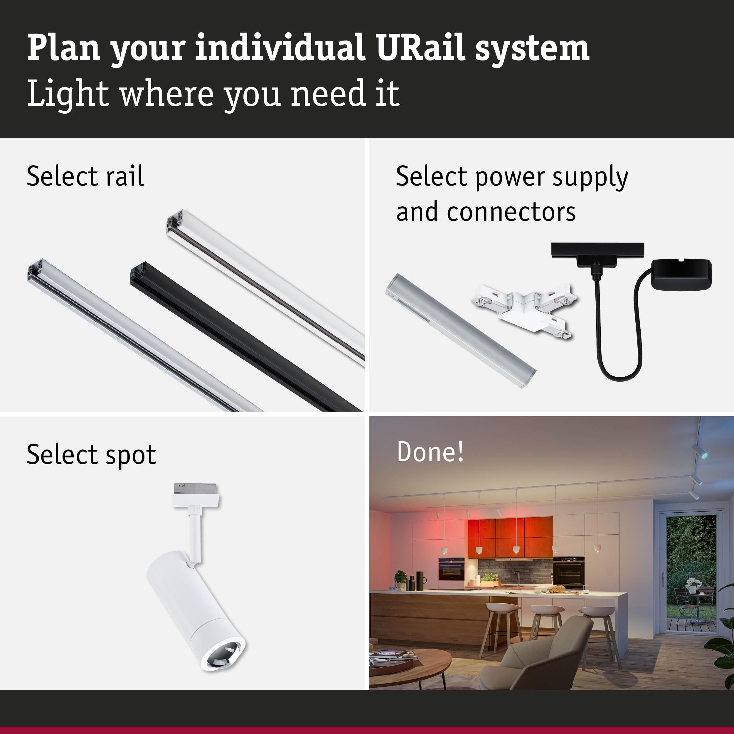 Modular URail track system with rails, power supplies, and white spotlights for customizable lighting setups