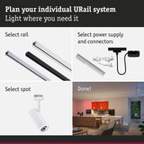 Modular URail track system with rails, power supplies, and white spotlights for customizable lighting setups