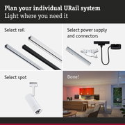 Modular URail aluminium rail system in black and white for flexible LED lighting solutions.
