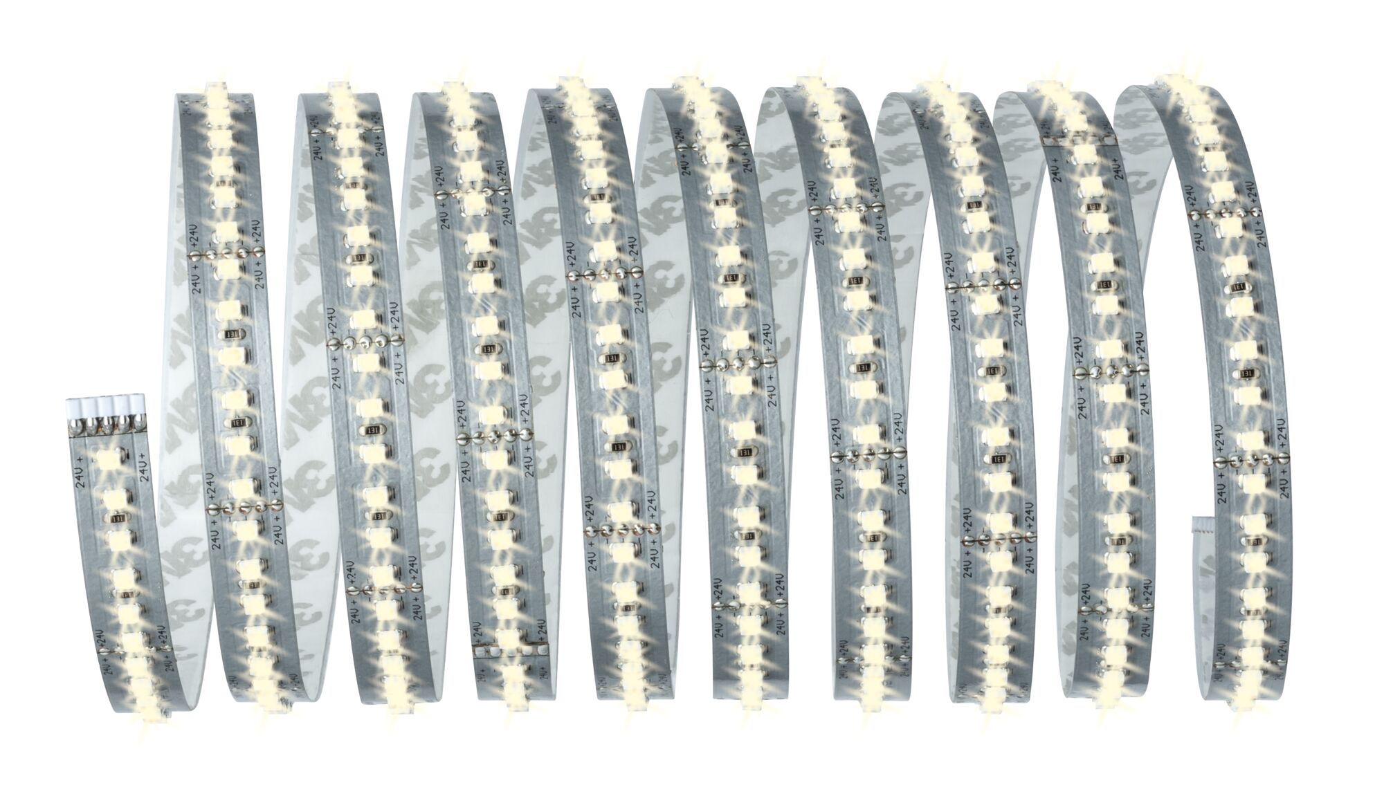 Flexibler LED-Lichtstreifen mit warmweißen LEDs auf silberner Platine für dekorative Beleuchtung