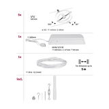 Technische Zeichnung mit weißen LED-Leuchten, Trafo, Kabel und Montagematerial für Beleuchtungssystem.