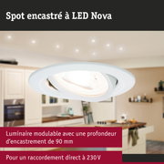 Spot encastré LED blanc Nova modulable avec profondeur d'encastrement de 90 mm pour raccordement 230V