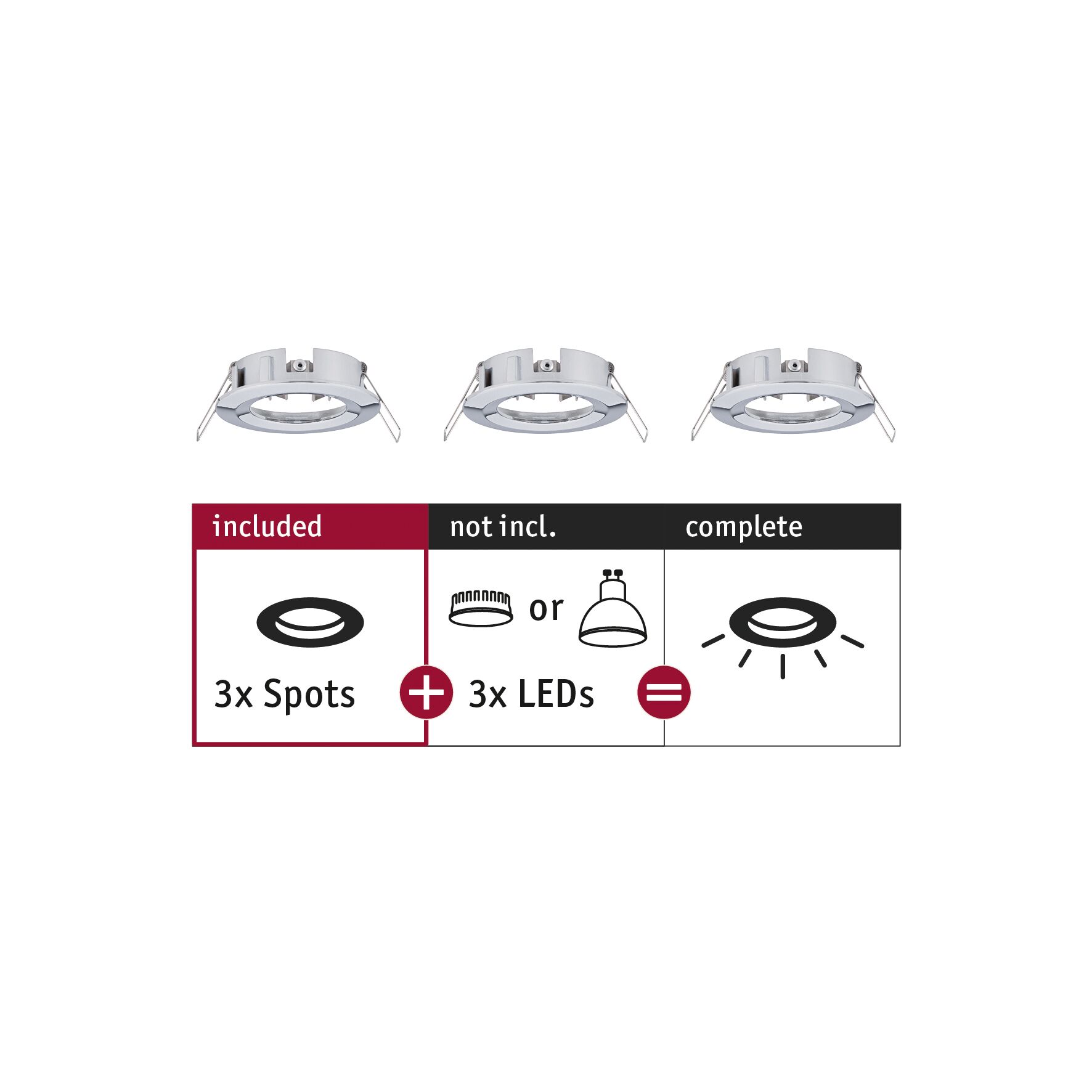 Three white metal recessed spotlights without LEDs, setup for LED spot lighting.