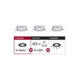 Three white metal recessed spotlights without LEDs, setup for LED spot lighting.
