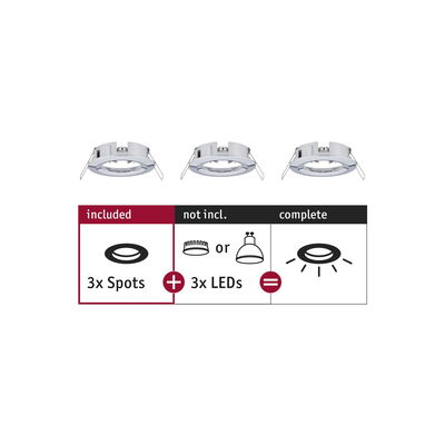 Three white metal recessed spotlights without LEDs, setup for LED spot lighting.