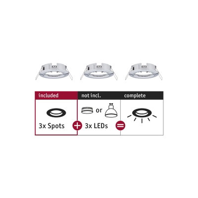 Three white metal recessed spotlights without LEDs, setup for LED spot lighting.