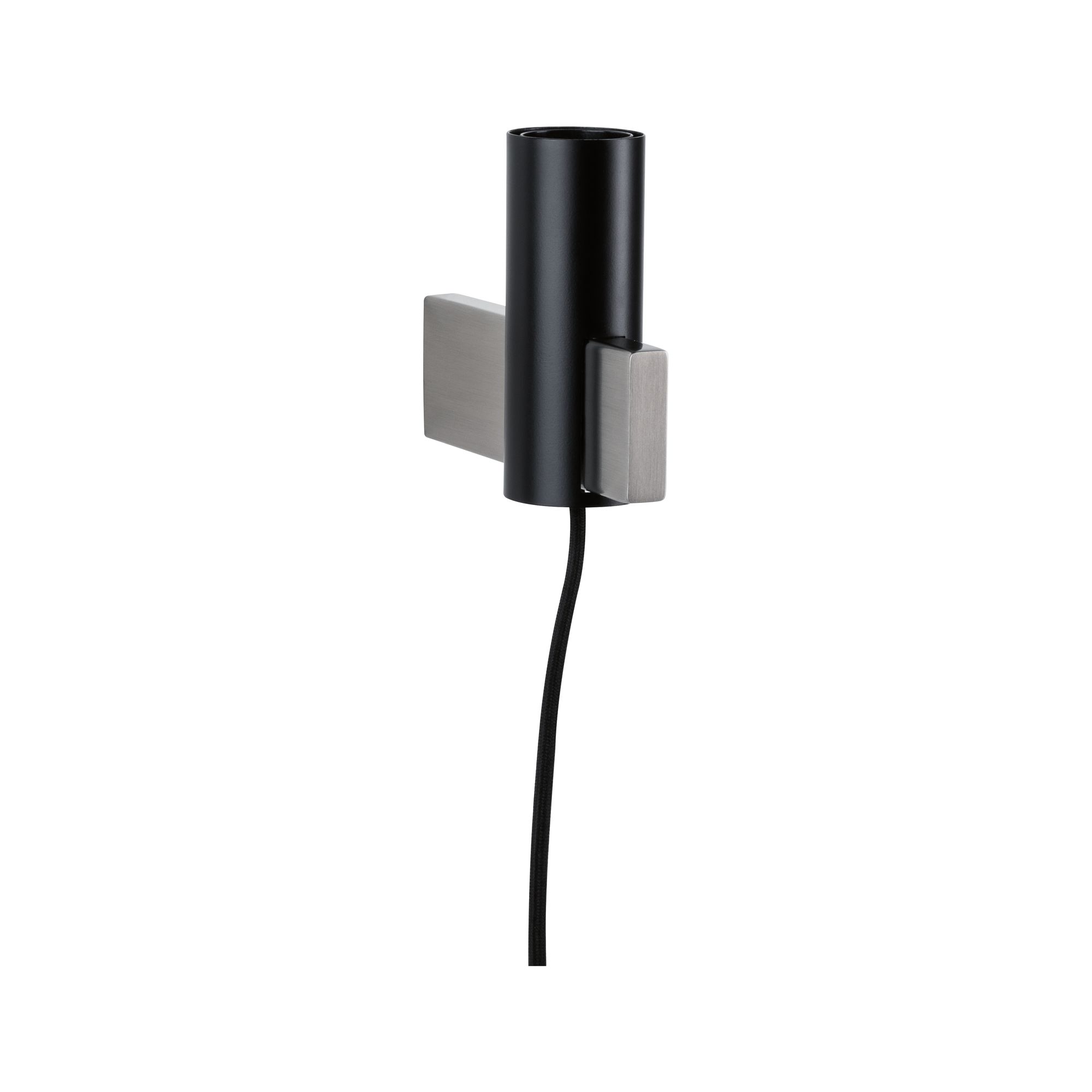 Schwarze Metall-Wandleuchte mit gebürstetem Edelstahlhalter und Textilkabel für moderne Innenbeleuchtung