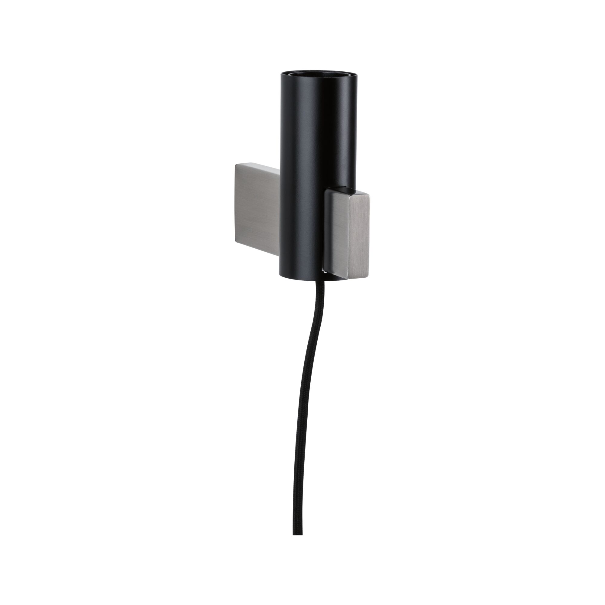 Black metal wall light with brushed stainless steel bracket and fabric cable for modern indoor lighting