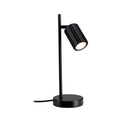 Black metal LED desk lamp with ribbed shade for modern home lighting and office use