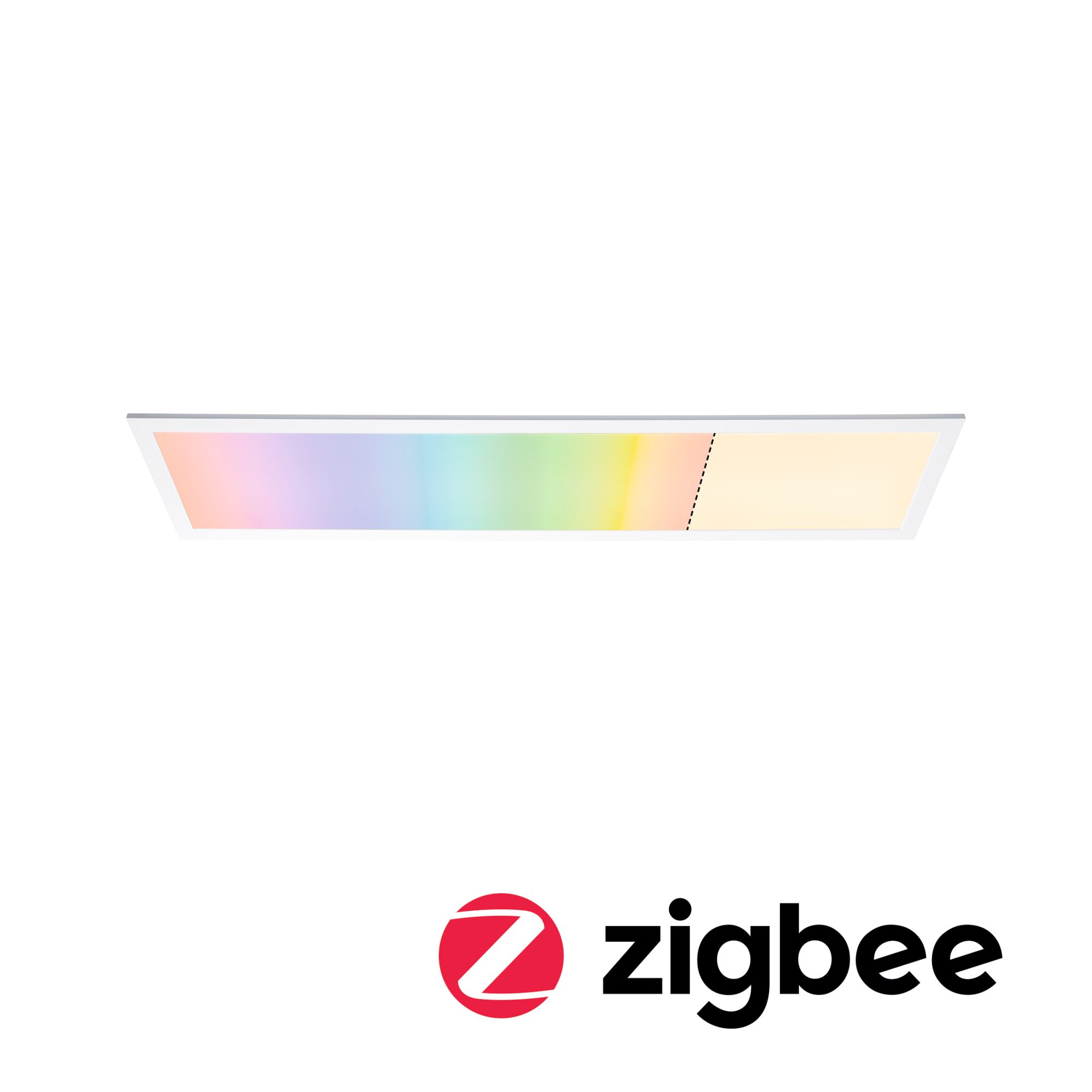 Rectangular LED ceiling light with white frame and multicolor lighting control via Zigbee.