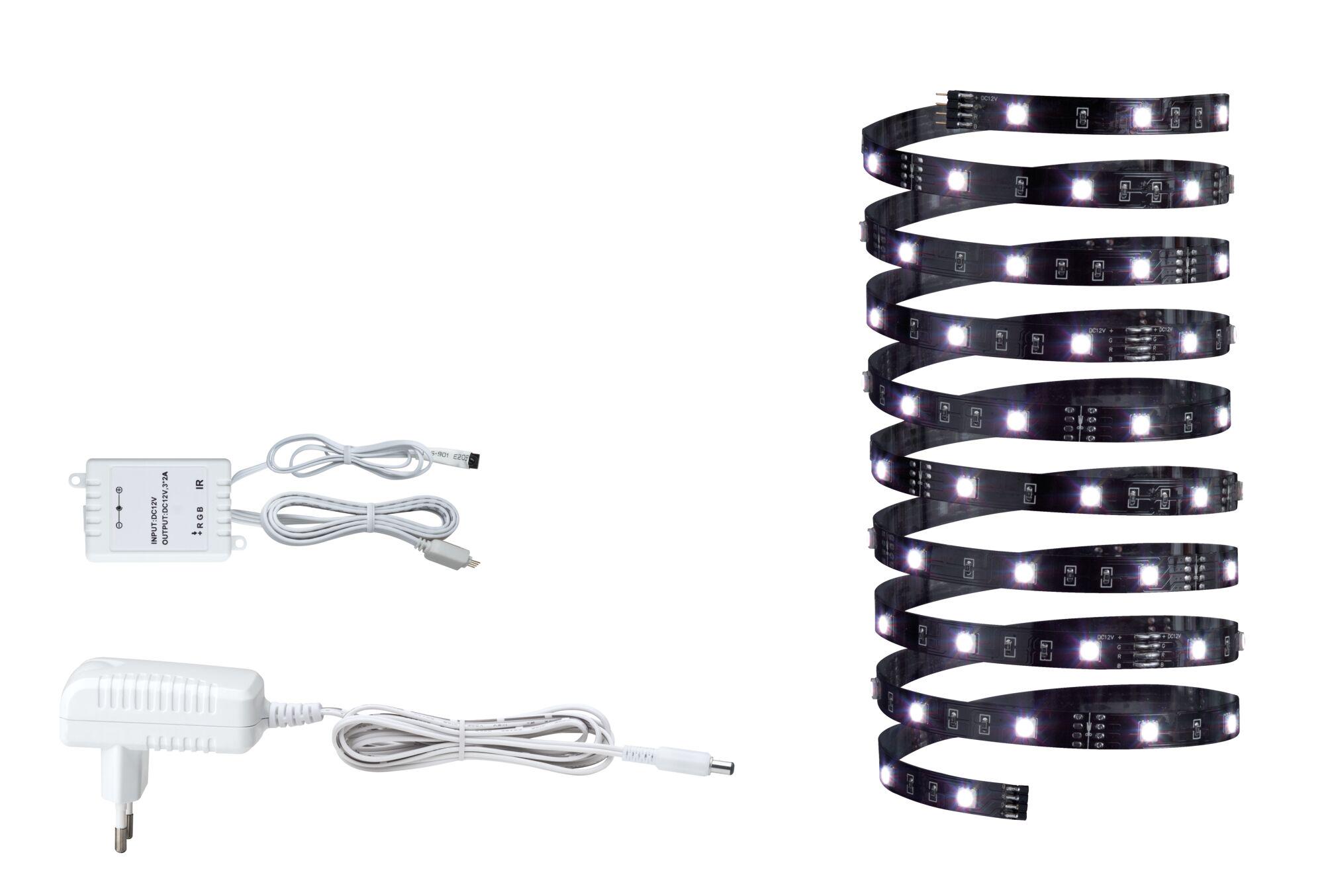 Black LED strip with white power adapter and controller for flexible indoor lighting