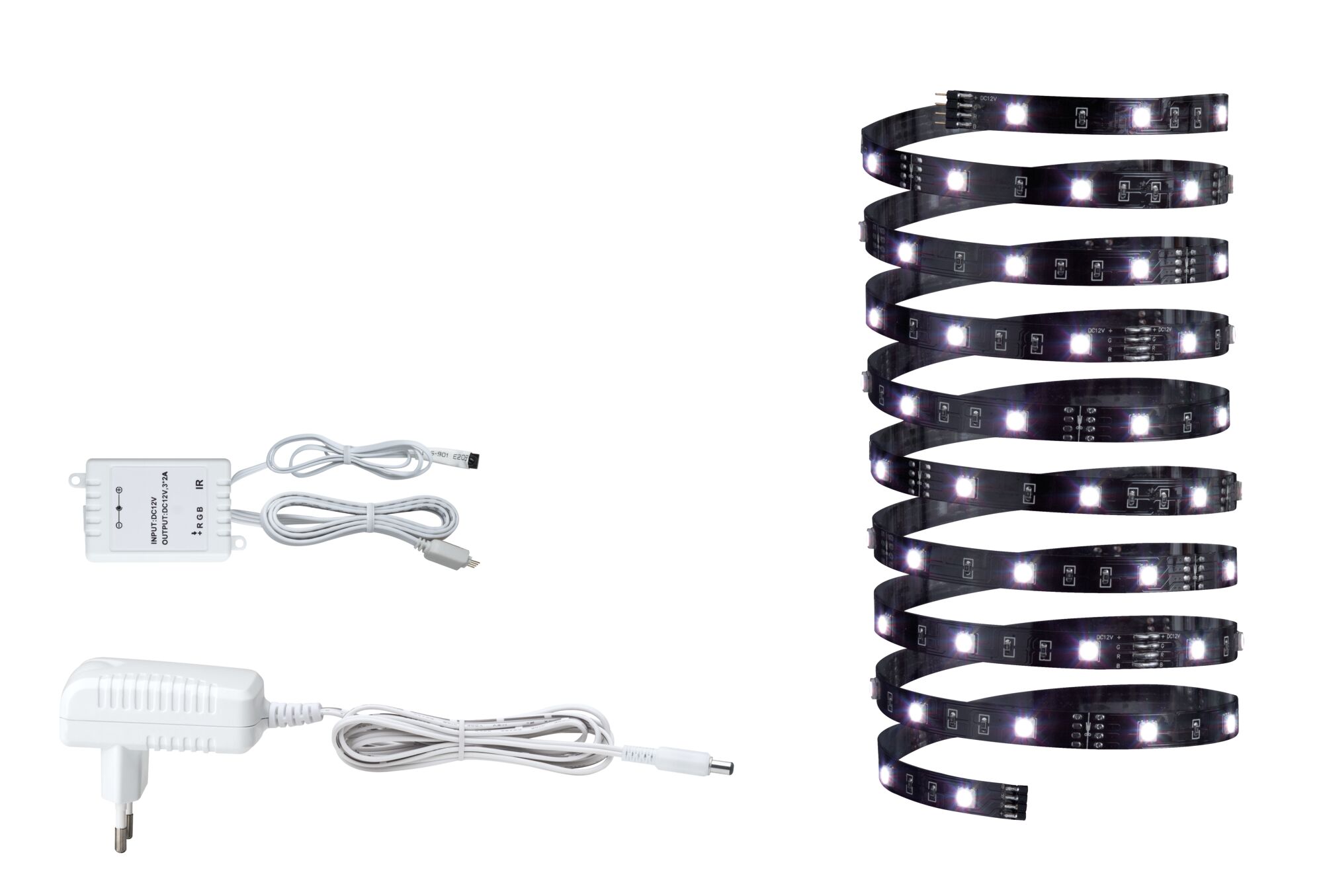 Zwarte LED-strip met witte adapter en controller voor flexibele binnenverlichting
