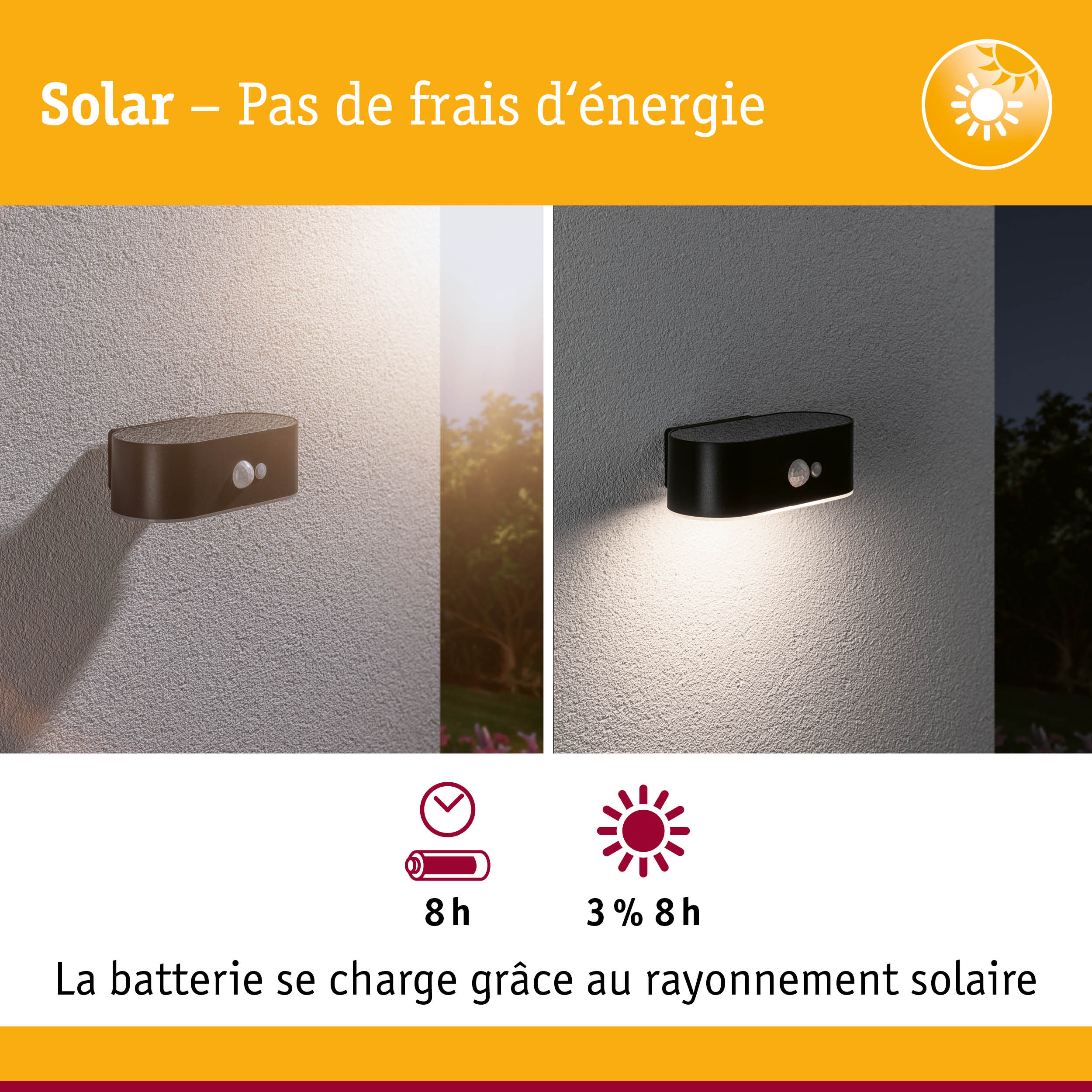 Applique murale solaire noire avec détecteur de mouvement sur mur blanc de jour comme de nuit