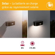 Applique murale solaire noire avec détecteur de mouvement sur mur blanc de jour comme de nuit