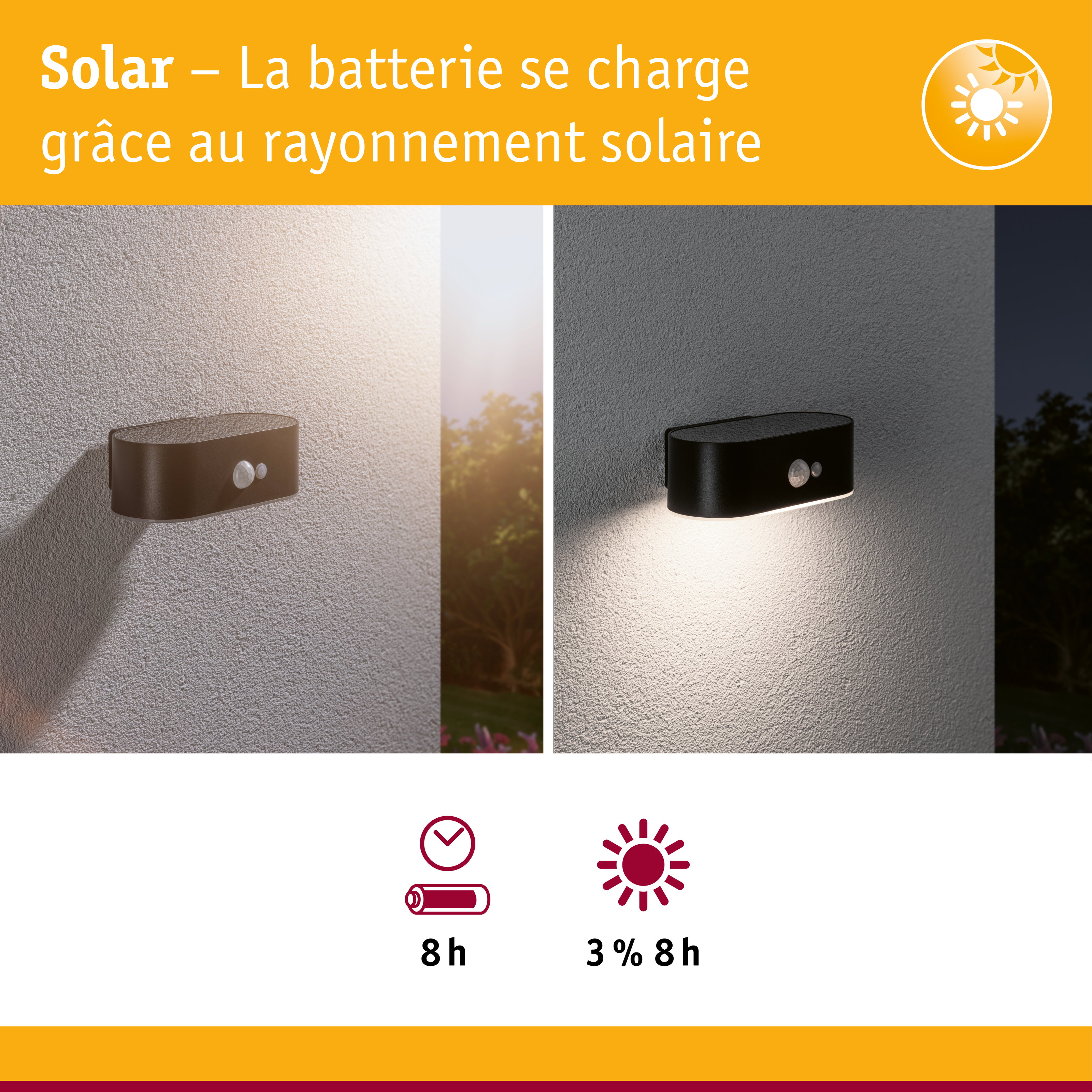 Applique murale solaire noire avec détecteur de mouvement sur mur blanc de jour comme de nuit