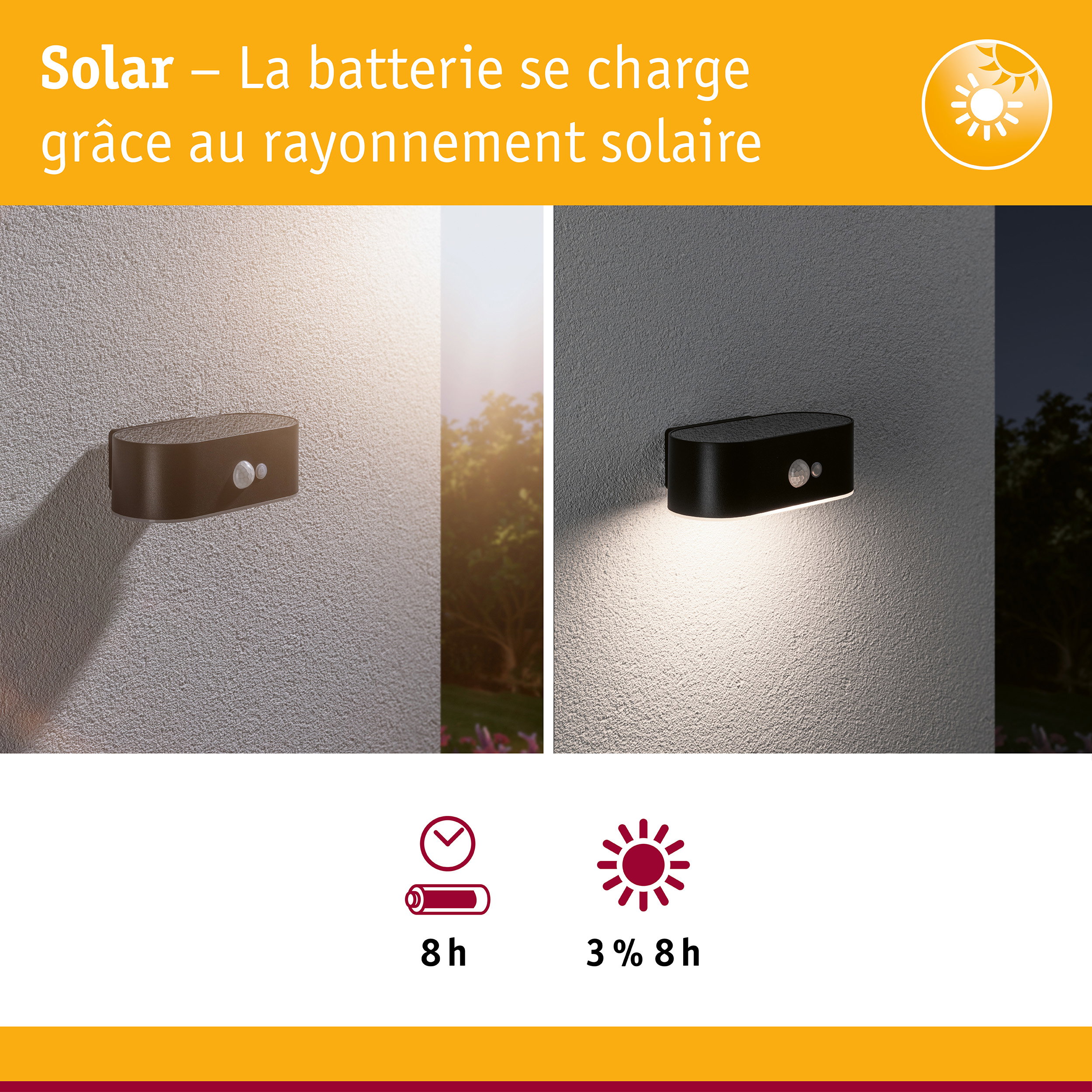 Applique murale solaire noire avec détecteur de mouvement sur mur blanc de jour comme de nuit