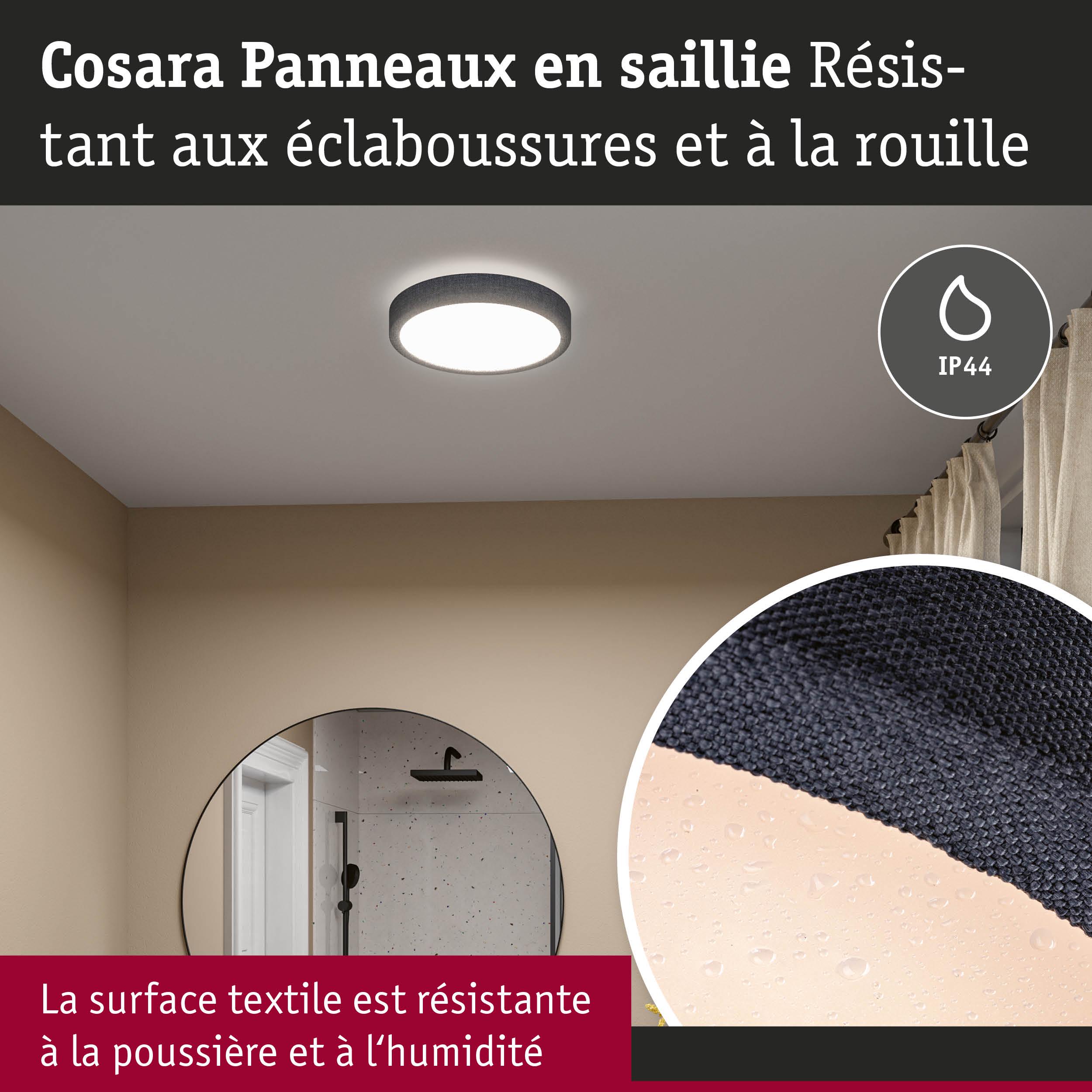 Plafonnier rond avec bord textile noir, résistant à la poussière et à l'humidité, indice de protection IP44