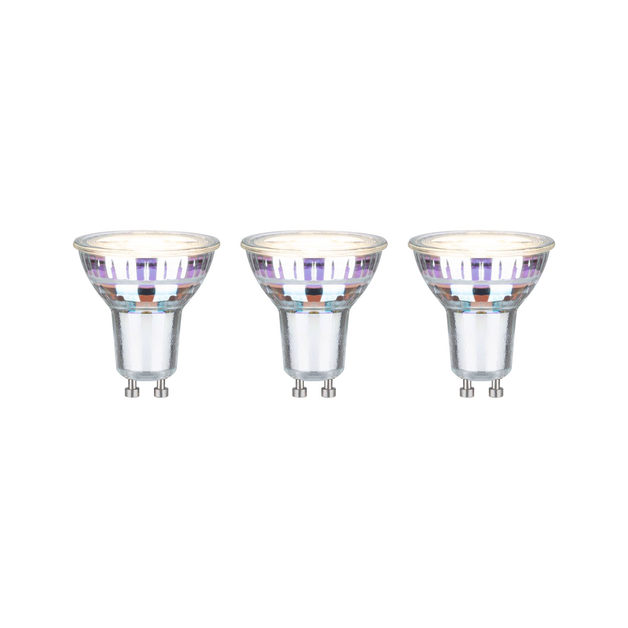 Three GU10 LED spotlights with clear glass and purple reflections for energy-efficient lighting
