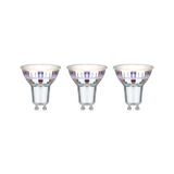 Three GU10 LED spotlights with clear glass and purple reflections for energy-efficient lighting