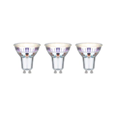 Three GU10 LED spotlights with clear glass and purple reflections for energy-efficient lighting