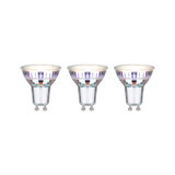 Three GU10 LED spotlights with clear glass and purple reflections for energy-efficient lighting