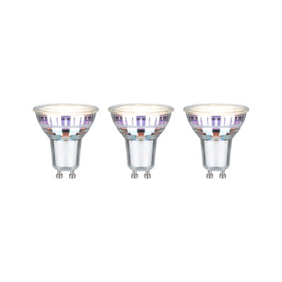 Three GU10 LED spotlights with clear glass and purple reflections for energy-efficient lighting