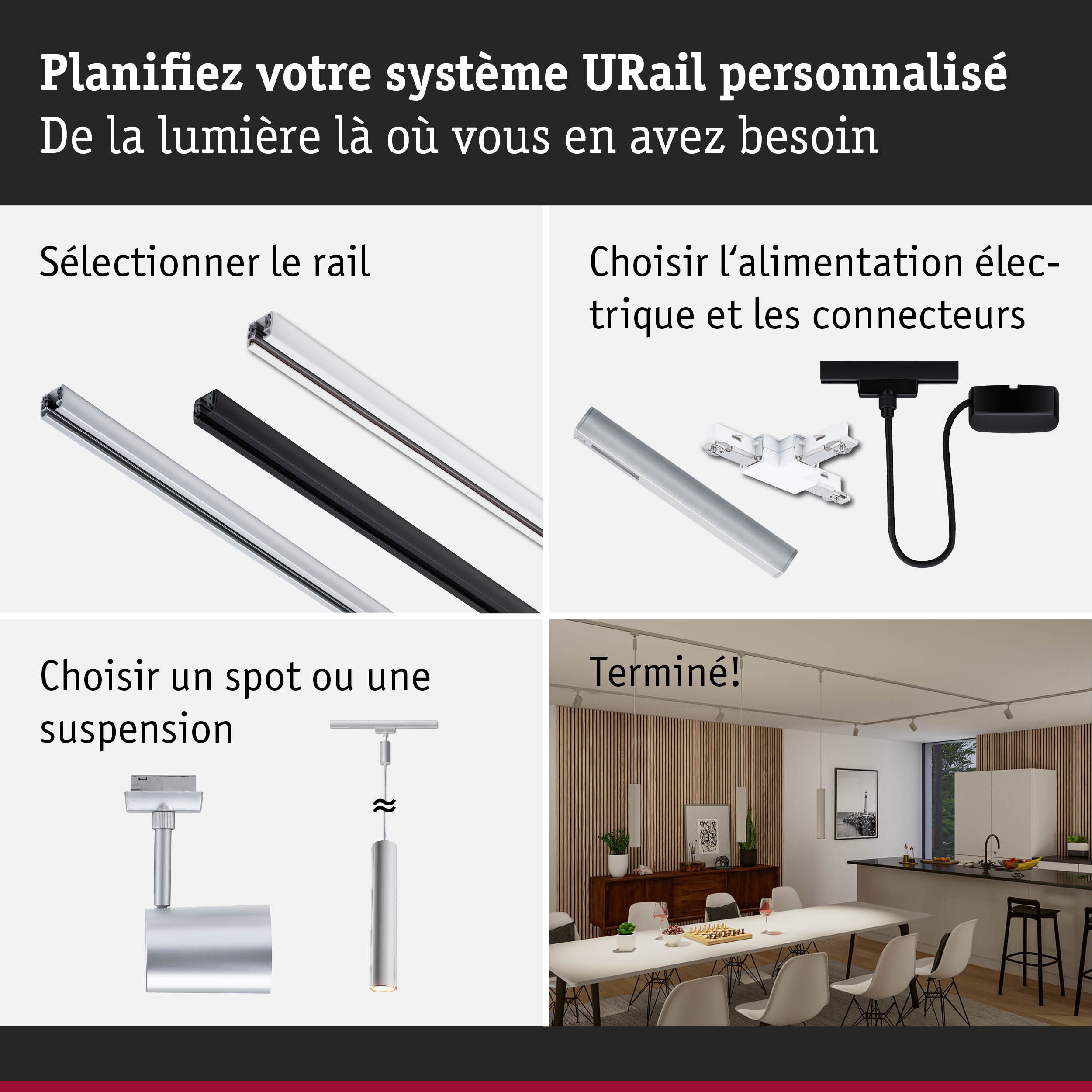 Guide étape par étape pour système URail avec rails en aluminium noirs et blancs pour éclairage