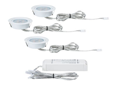 Three white LED recessed lights with clear cables and matching white power supply for indoor lighting