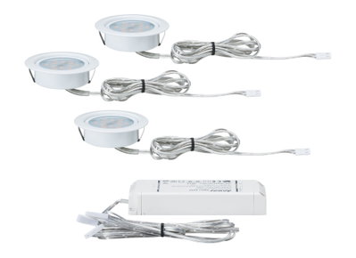 Trois spots LED encastrables blancs avec câbles transparents et alimentation blanche assortie pour éclairage intérieur