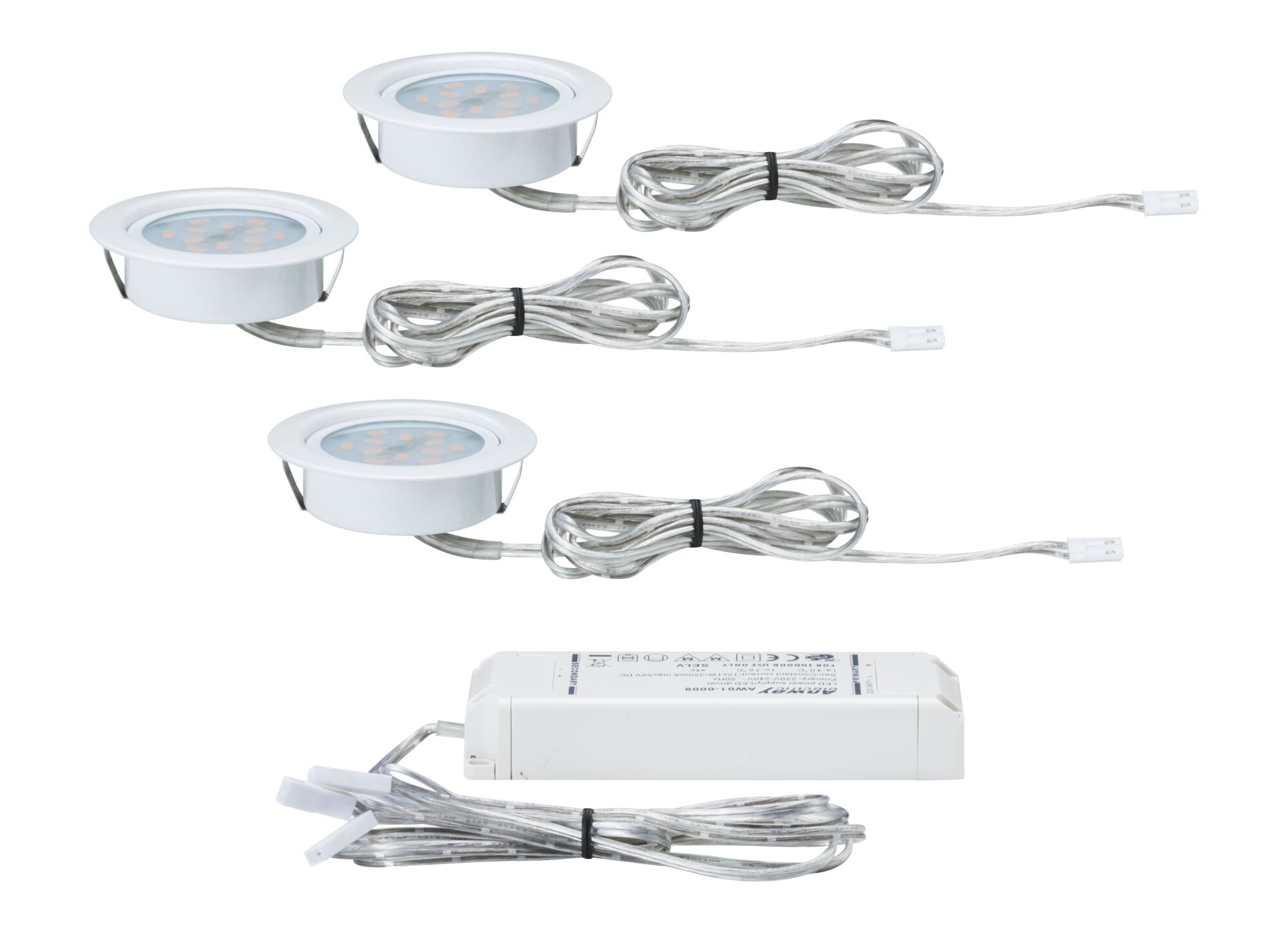 Three white LED recessed lights with clear cables and matching white power supply for indoor lighting