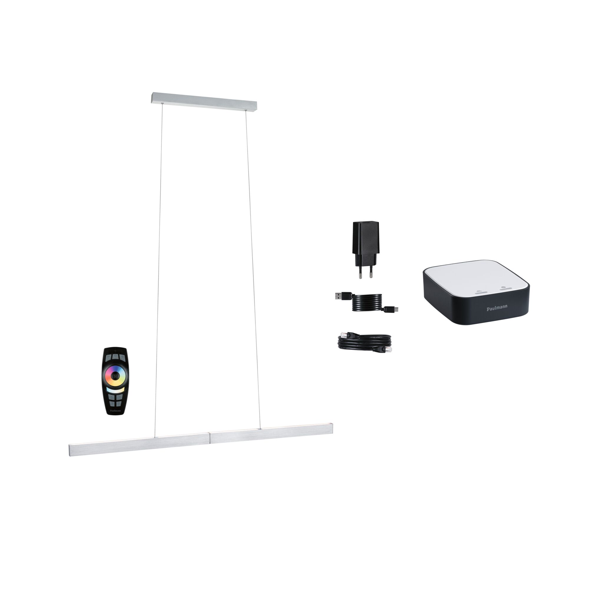 Suspension LED moderne en aluminium argenté avec télécommande et accessoires pour contrôle d'éclairage intelligent