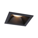 Black square metal recessed spotlight with warm white LED light for modern indoor lighting