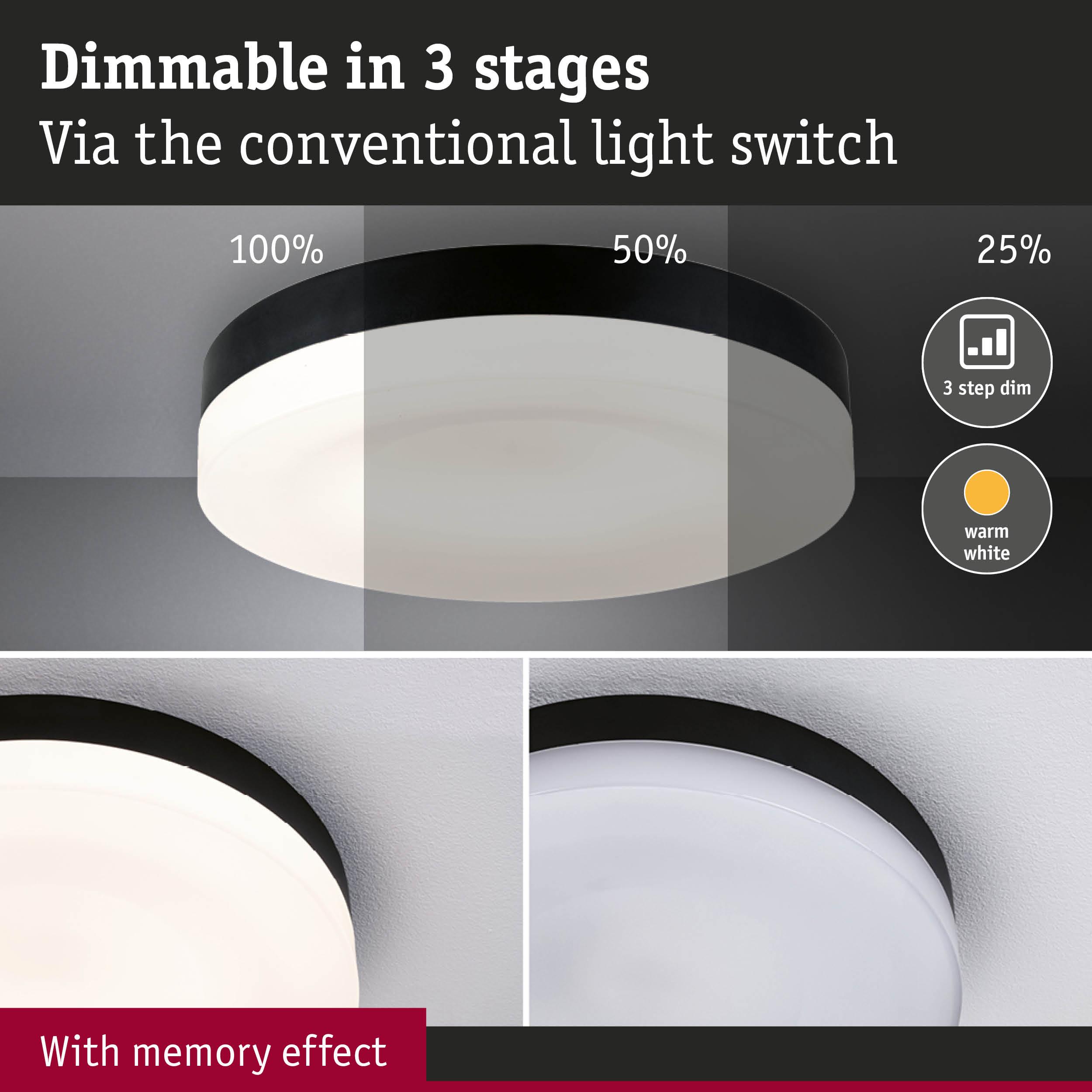 Round black and white ceiling light with three-step dimming and memory effect for warm white lighting