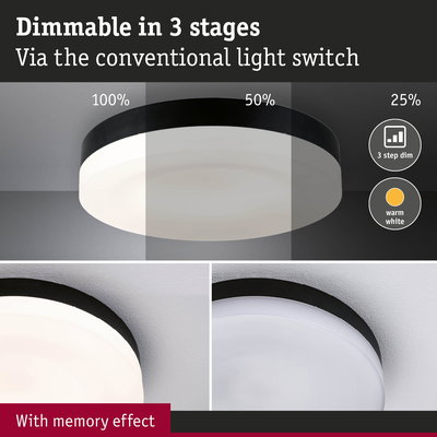 Round black and white ceiling light with three-step dimming and memory effect for warm white lighting