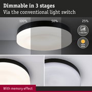 Ceiling light with black rim and white diffuser, dimmable in 3 stages via conventional switch
