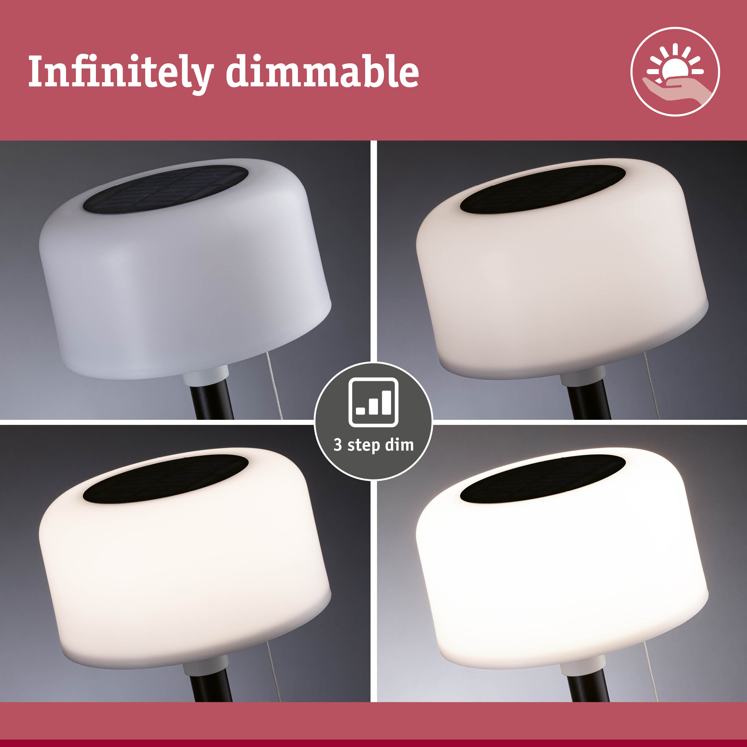 White dimmable LED table lamp with black solar panel and 3-step dimming for home lighting