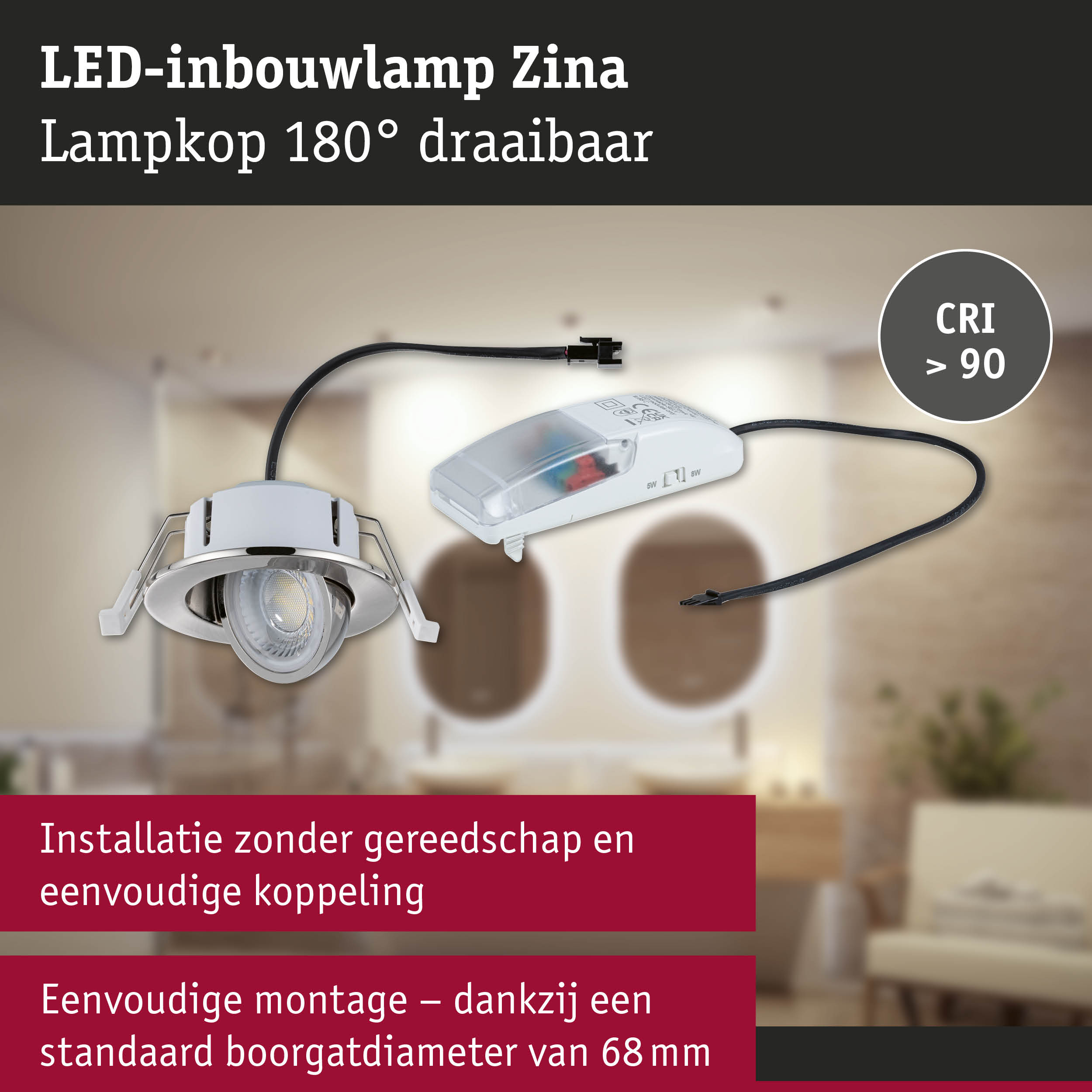 LED-inbouwlamp Zina met 180° draaibare lampkop en CRI boven 90 voor binnenverlichting