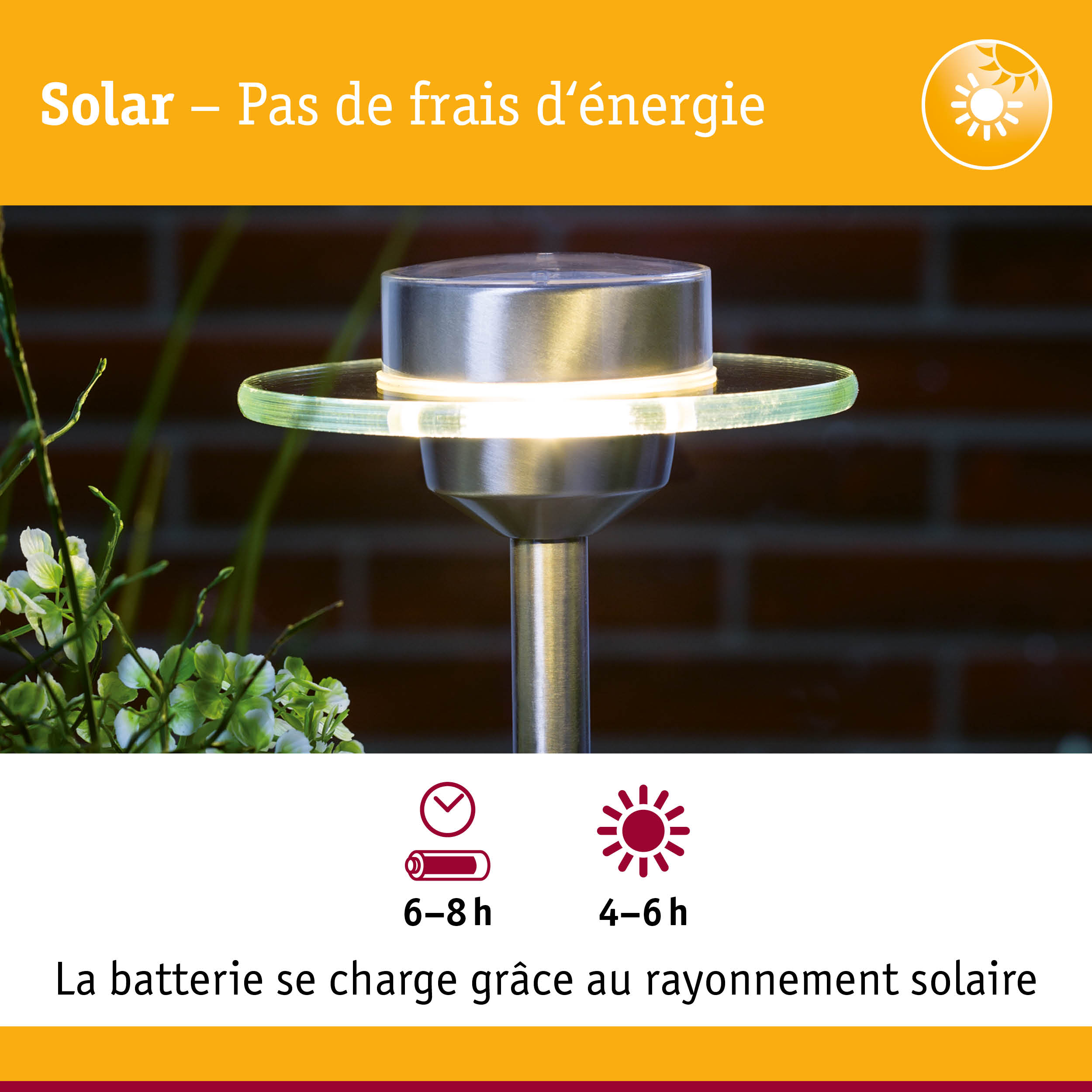 Lampe de jardin solaire en acier inoxydable avec anneau en verre et LED pour éclairage extérieur économique