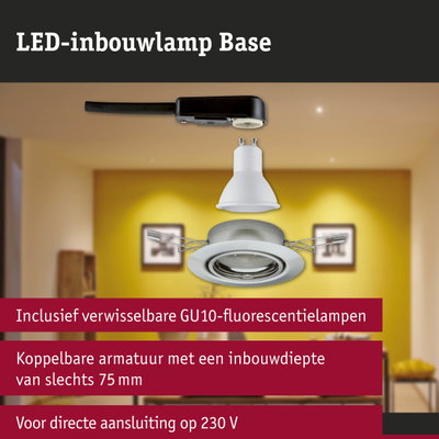 LED-inbouwlamp Base met witte GU10-lamp en zwarte kabel voor directe 230 V aansluiting