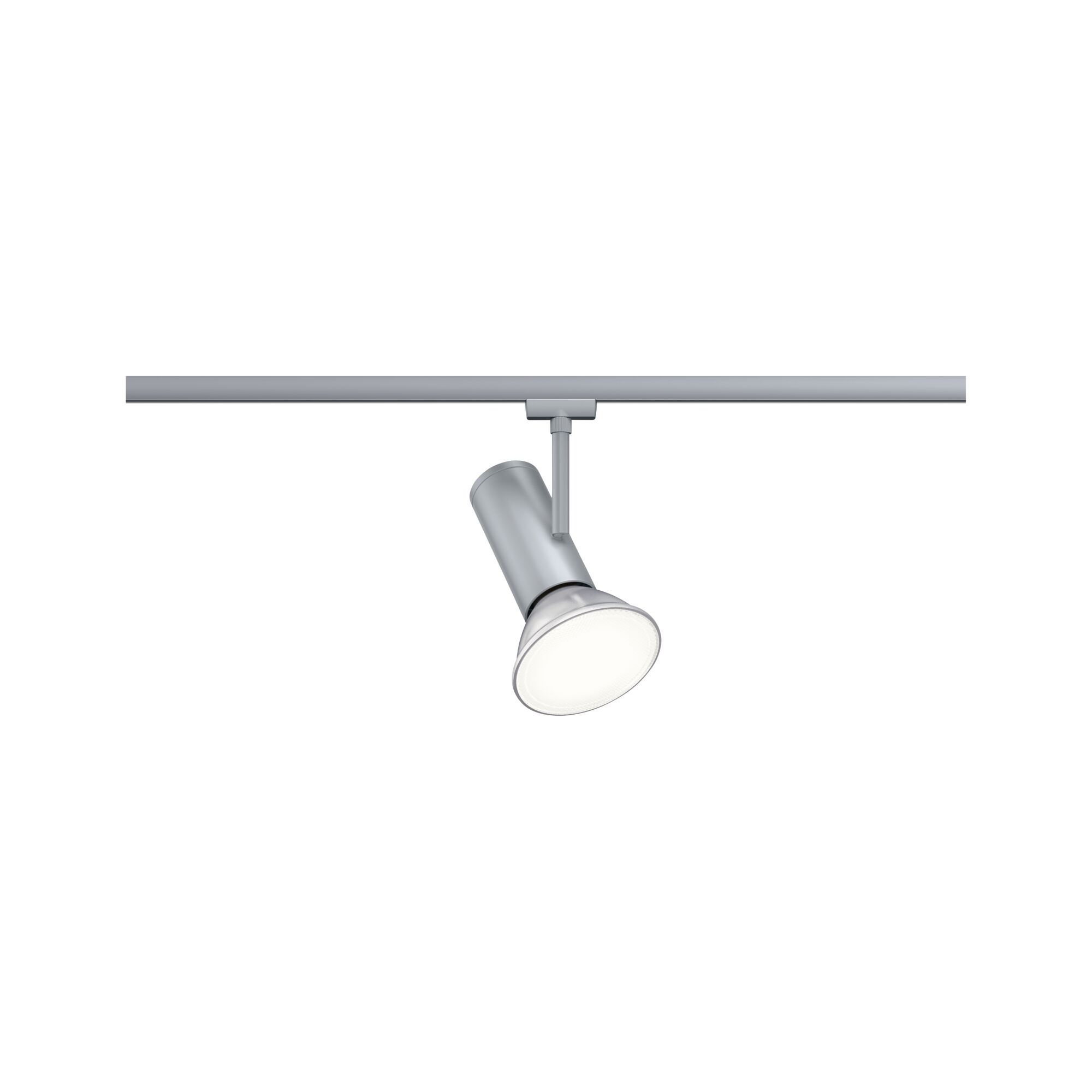 Moderner silberner LED-Strahler aus Metall an Schienensystem für flexible Raumbeleuchtung