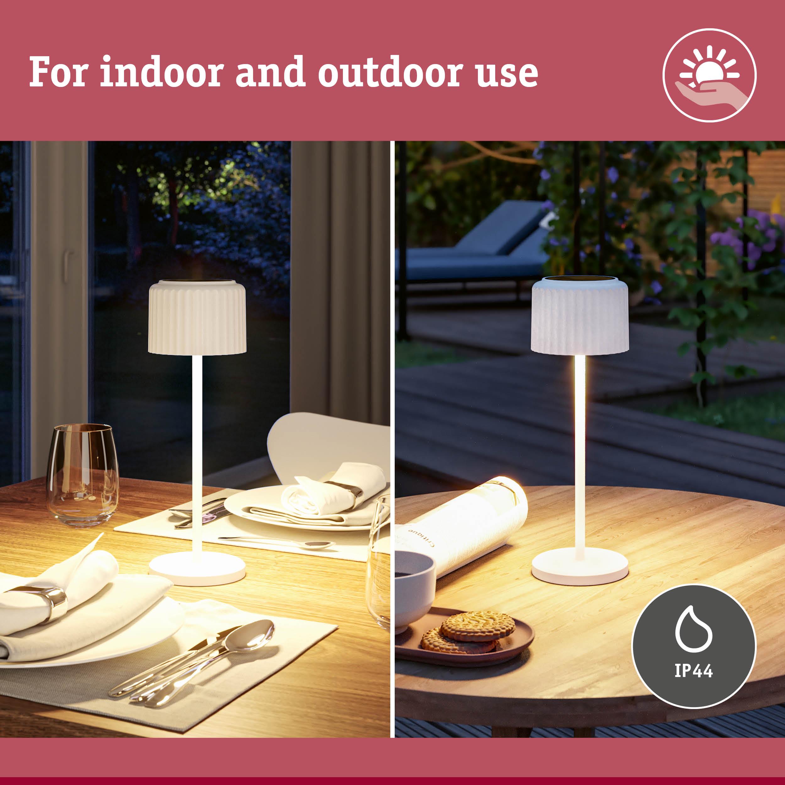 White LED table lamp with fabric shade on wooden table, suitable for indoor and outdoor use with IP44 rating