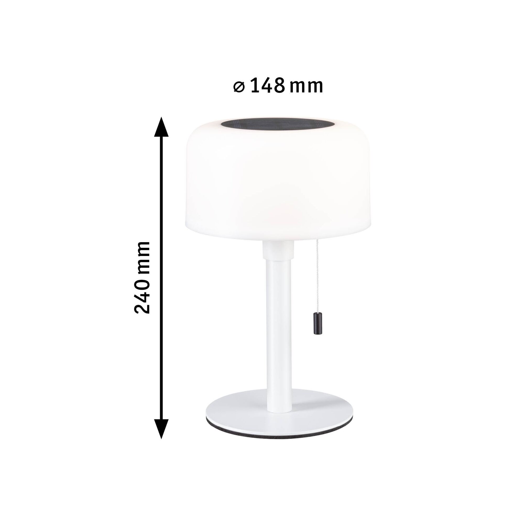 White plastic table lamp with pull switch, 240 mm height and 148 mm diameter for indoor lighting