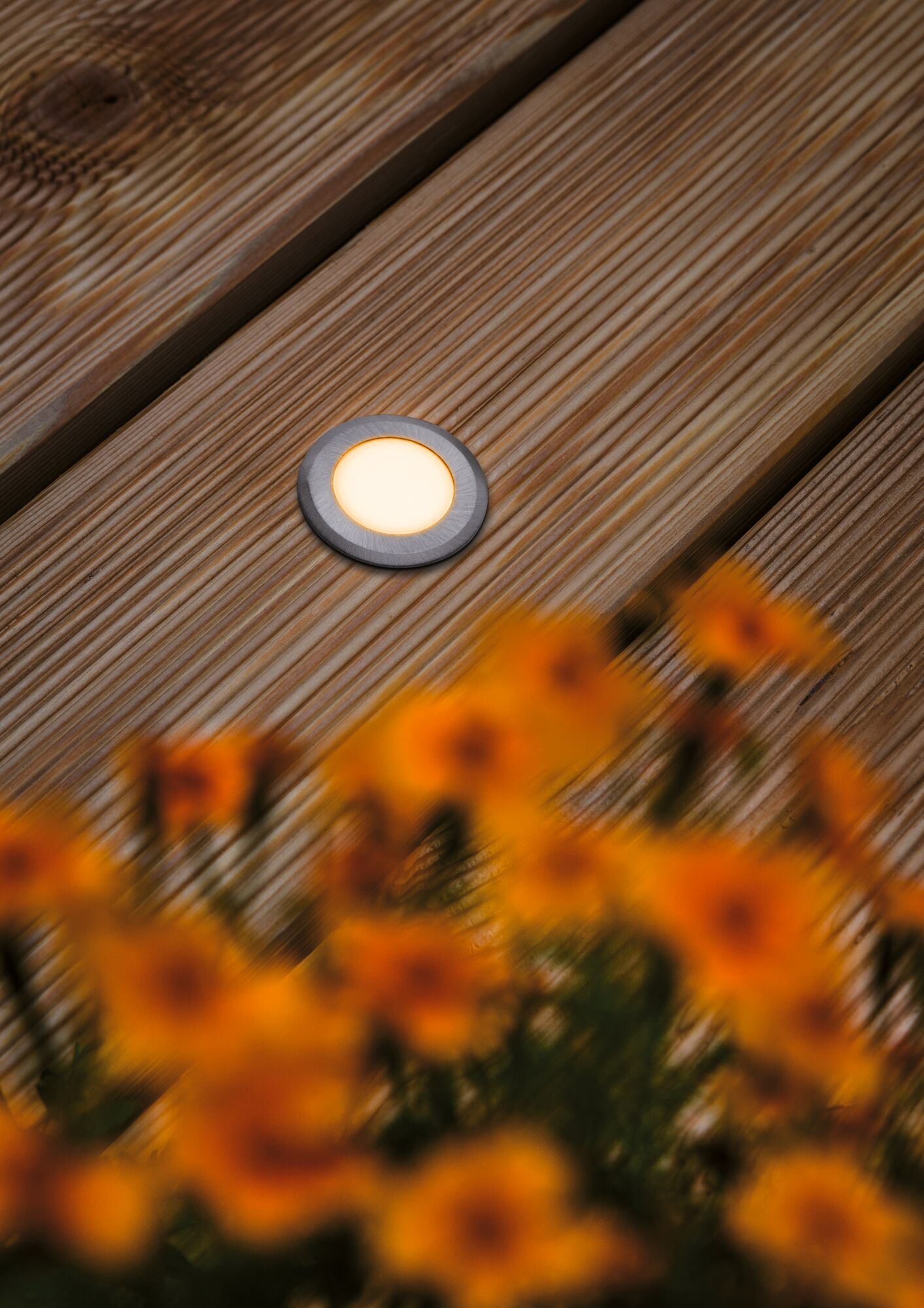 Rund LED-indbygningslampe i rustfrit stål på træterrasse med varmt hvidt lys og orange blomster foran