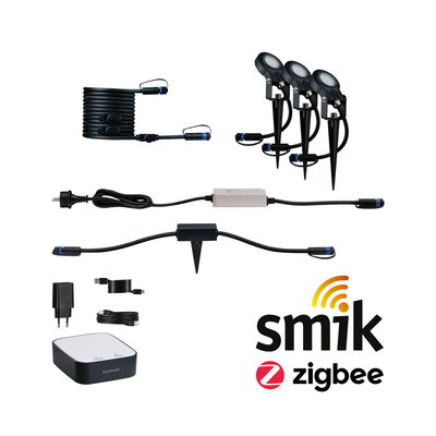Ensemble d'éclairage de jardin Smik Zigbee noir avec trois piquets, câbles et contrôleur pour éclairage extérieur intelligent.