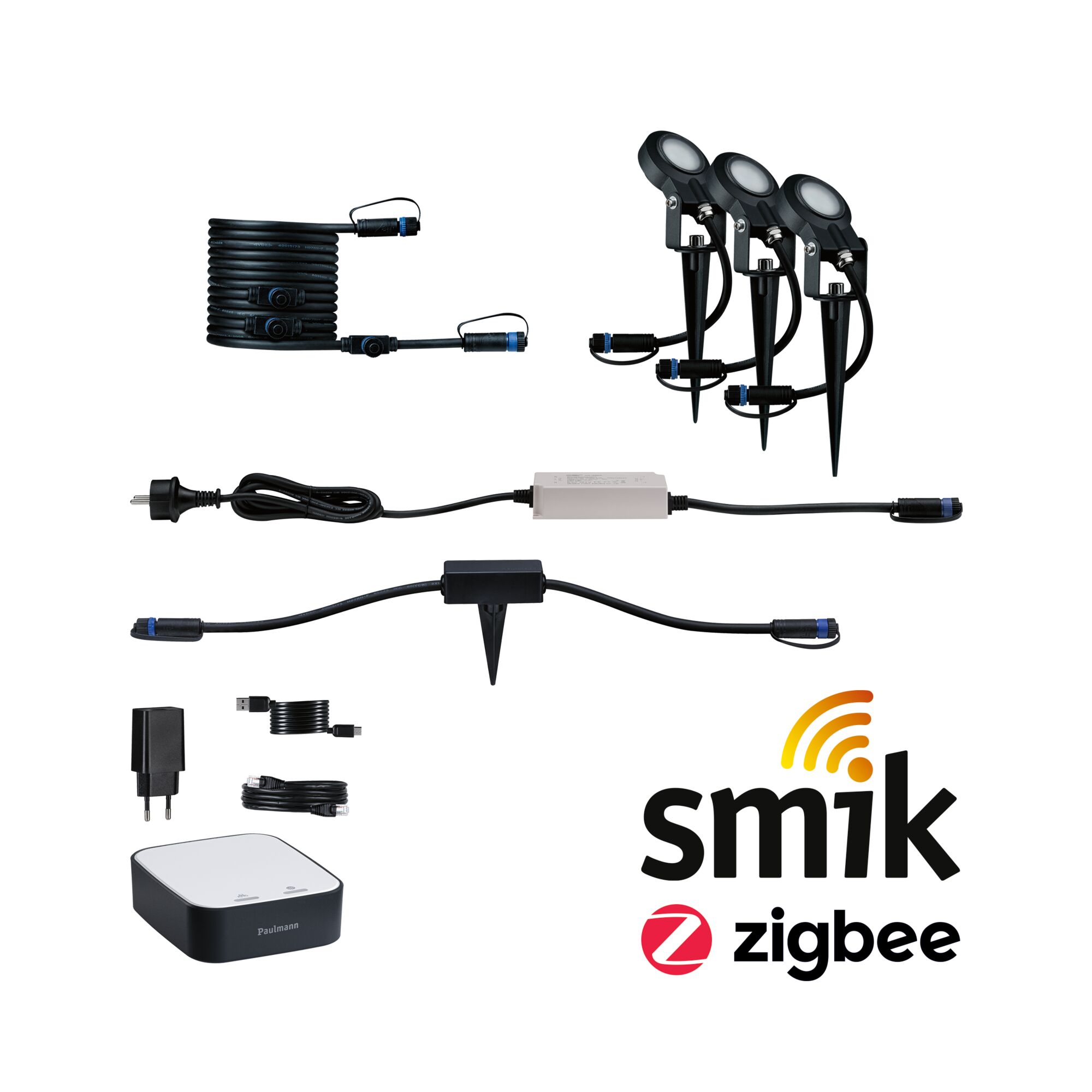 Plug & Shine Startsæt til attraktiv pris Smart Home smik Gateway med fjernbetjening + LED-jordspyd model Sting 3000K 3x6,4W 75VA Hvid/Koksgrå Sort Smik Zigbee havebelysningssæt med tre pinde, kabler og controller til smart udendørsbelysning.