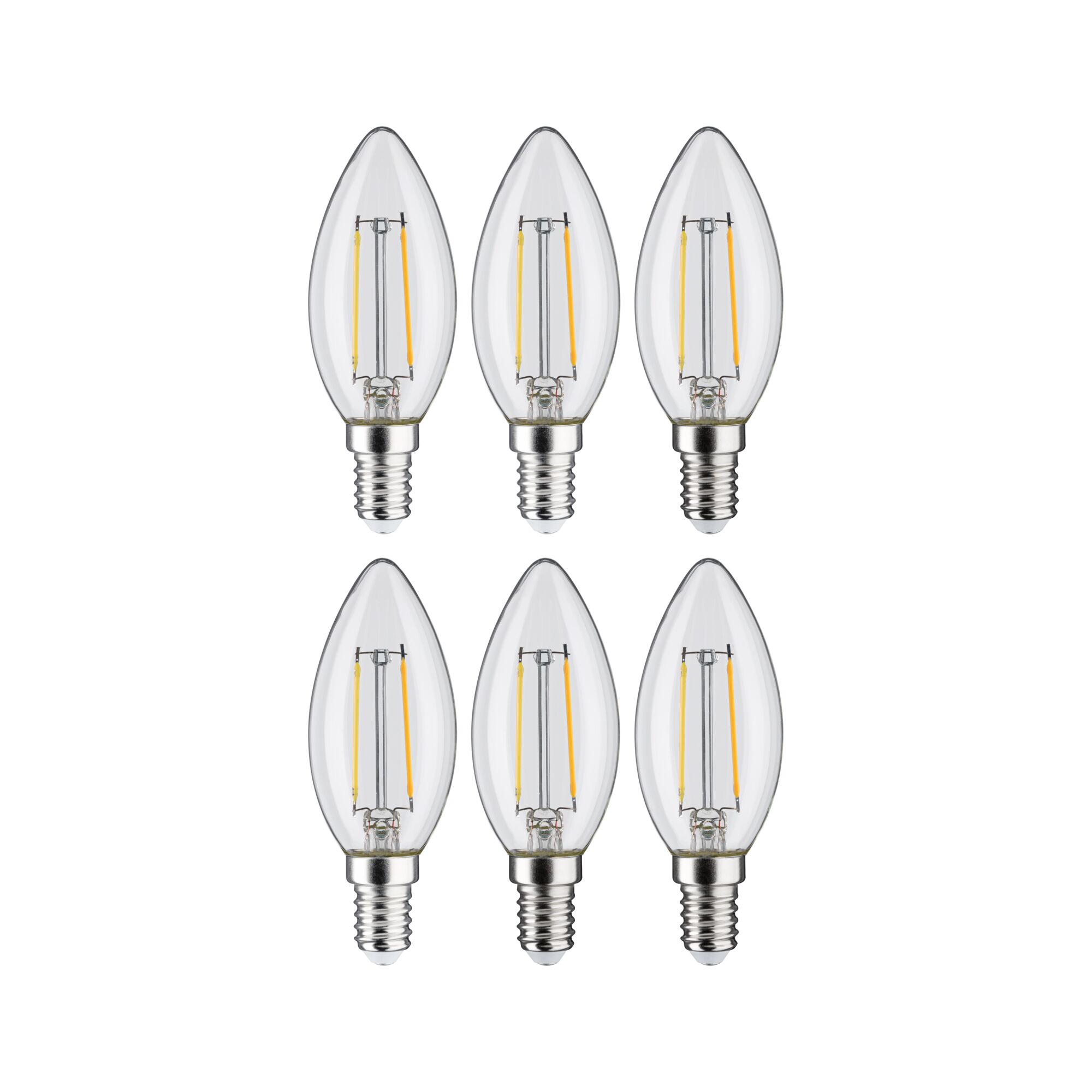 Set of six clear LED candle bulbs with E14 base and visible filaments for energy-efficient lighting