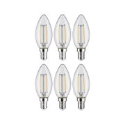 Set of six clear LED candle bulbs with E14 base and visible filaments for energy-efficient lighting